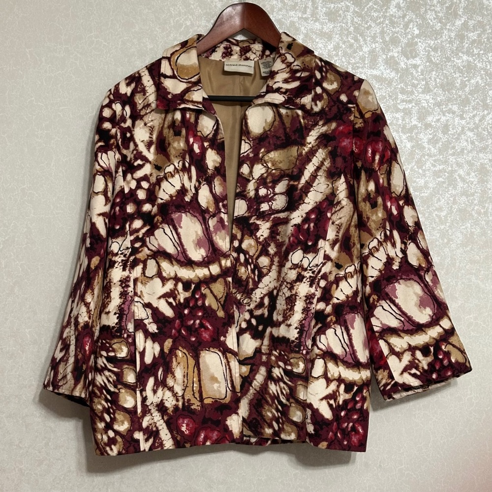 Alfred Dunner Abstract Marble Print Open Front Blazer Jacket Burgundy Tan‎ 12